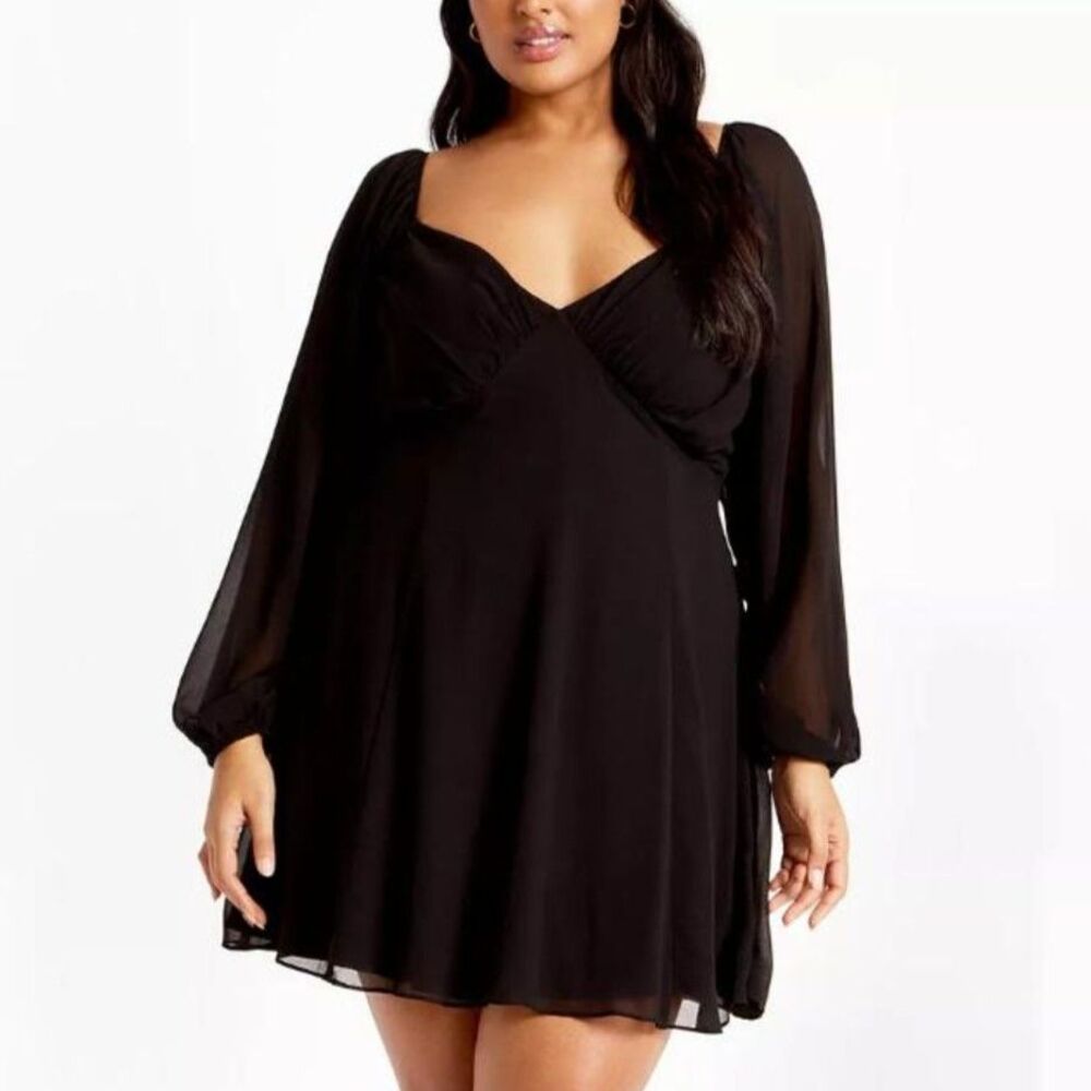 CITY CHIC Flirty Flounce Long Sleeve Black Minidress, NEW! Size 22